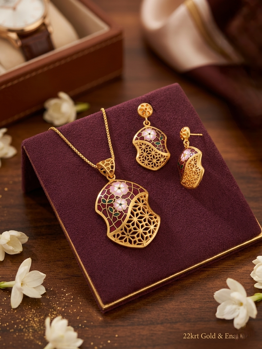 Gold pendant set and earrings for women